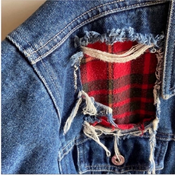 Furst of a Kind LF jacket denim distressed destroyed patches red plaid rework - Picture 2 of 9